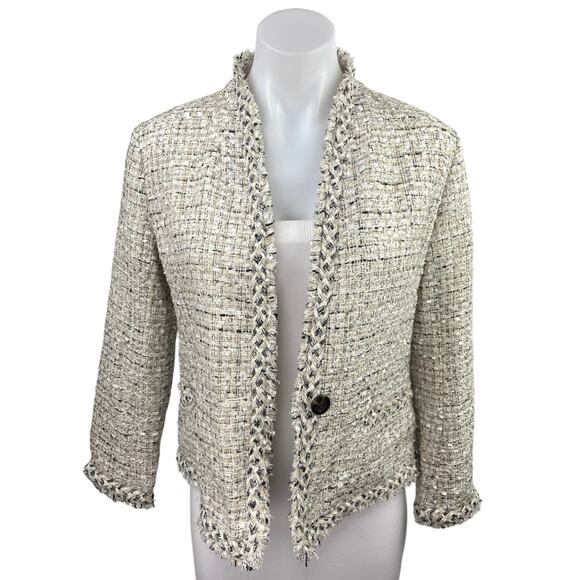 Ann Taylor Ivory Shimmer Tweed Single Button Straight Blazer Coat Jacket Size 0 - Picture 1 of 5